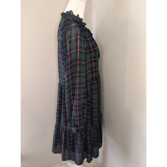 J. Crew tie neck tartan plaid tiered holiday equestrian ruffle M dress - Picture 4 of 9